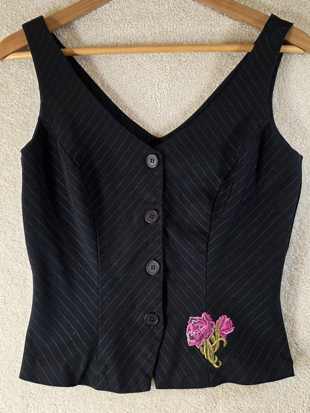 B.Darlin Y2K Fitted Vest Black Striped Floral Patch Dark Romantic Boho Cottage 5